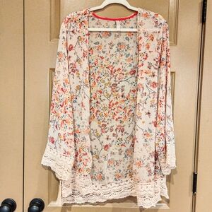 Floral Kimono Cardigan with Lace Trim